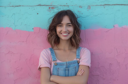 a young woman smiling with arms folded.の素材