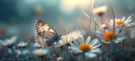 a butterfly rests in a grassy field with daisies.の素材