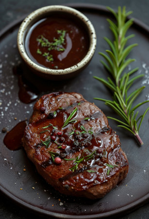 a steak, garnish, soup, and sauce on a plate.の素材