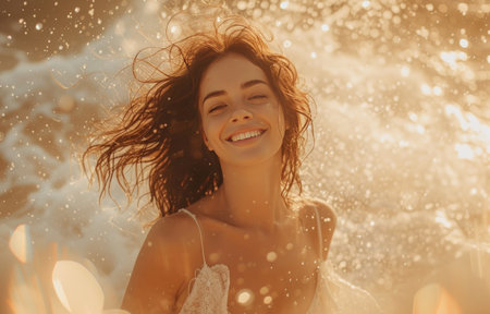 a woman in a dress is seen smiling.の素材