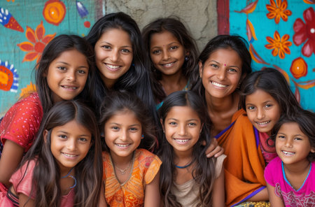 eight girls from Nepal and their mothers, smiling.の素材