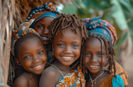 five girls in a traditional Djiboutian village are smiling.の素材