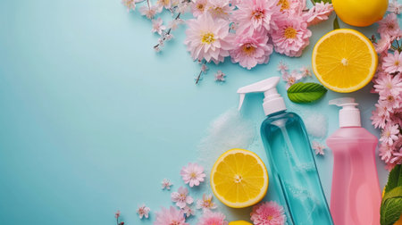 minimalist vivid advertisment spring cleaning background with copy space.の素材