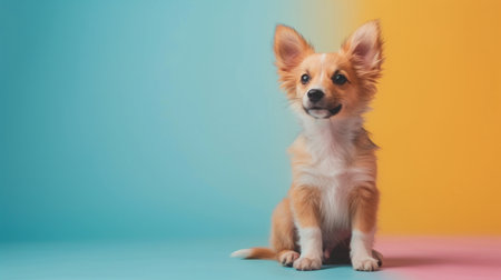minimalist vivid advertisment background with cute dog and copy space.の素材
