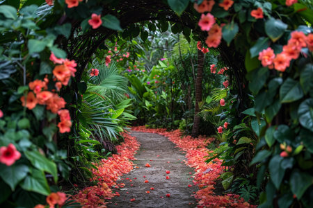 Romantic escapade in a lush garden, ideal for love-themed advertising.の素材