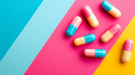 minimalist vivid advertisment background with medical pills and copy space.の素材