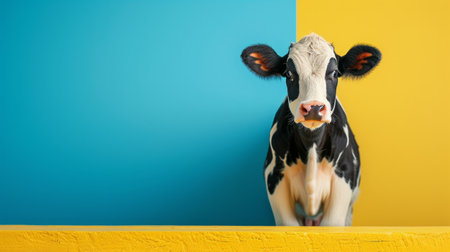 minimalist vivid advertisment background with cute cow and copy space.の素材