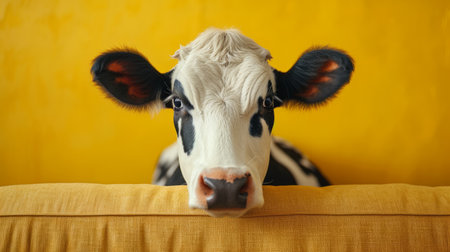 minimalist vivid advertisment background with cute cow and copy space.の素材
