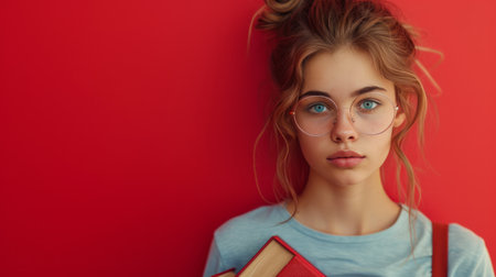 minimalist vivid advertisment background with handsome girl with books and copy space.の素材