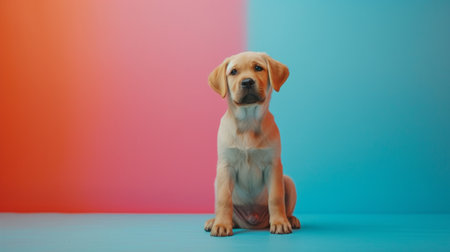 minimalist vivid advertisment background with cute dog and copy space.の素材