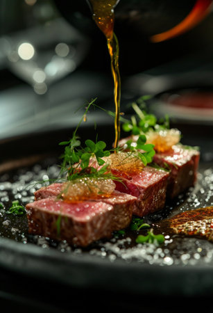 a steak is being drizzled with a sauce.の素材