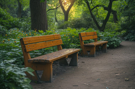 two wooden benches in a landscape with plants in the background.の素材