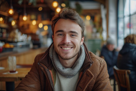 young businessman smiles in cafe.の素材