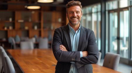 A businessman stands in front of a large table in a meeting room in a modern office.の素材