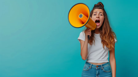 A woman in blue jeans and a white T-shirt screams loudly into a bright yellow megaphone.の素材