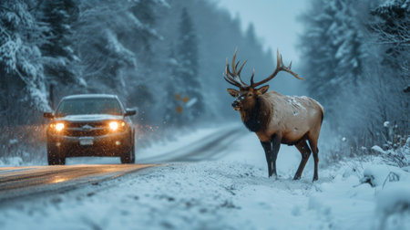 An elk is baking the road right in front of the car. Winter.の素材