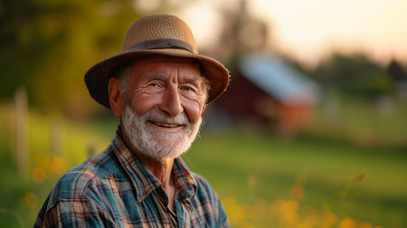 An old handsome farmer smiles and looks at the camera.の素材