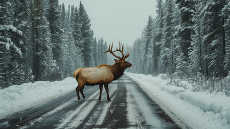 An elk is baking the road right in front of the car. Winter.の素材