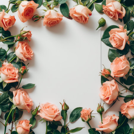 Blank white sheet. Around it is a frame of pink peonies. Minimalistic bright background.の素材