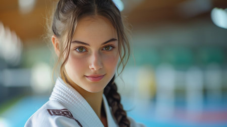 Beautiful young female judoka posing at the championship and looking at the camera.の素材