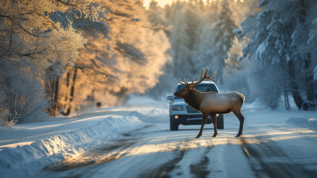 An elk is baking the road right in front of the car. Winter.の素材