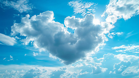 Beautiful heart shaped cloud on a bright blue sky.の素材