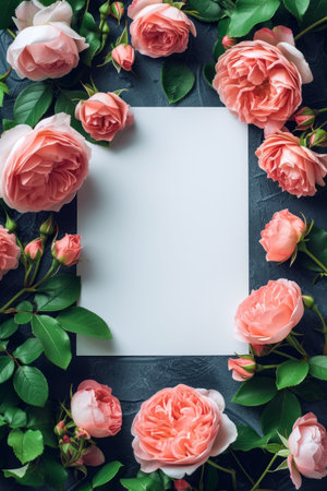 Blank white sheet. Around it is a frame of pink peonies. Minimalistic bright background.の素材