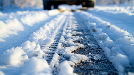 Long brake mark from a car in the snow.の素材