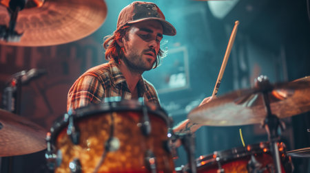 Handsome brutal drummer playing drums at a concert.の素材