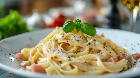 Pasta carbonara with a basil cross on top. Blurred background of an expensive restaurant behind.の素材