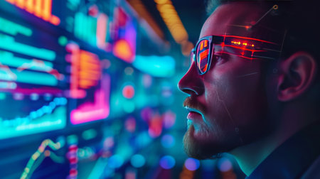 Surrounded by screens, a businessman navigates through real-time data.の素材