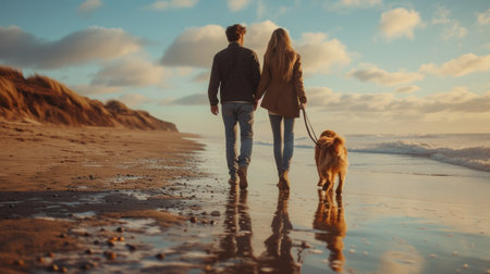 Young women man and dog walking on the beach.の素材