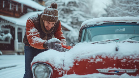 Young handsome man clearing snow from his car next to his classic American home.の素材