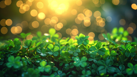 St patricks day background with many green transparent clover leaves and bokeh lights.の素材