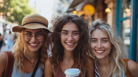 Three female best friends having fun together walking in street coffee shop.の素材
