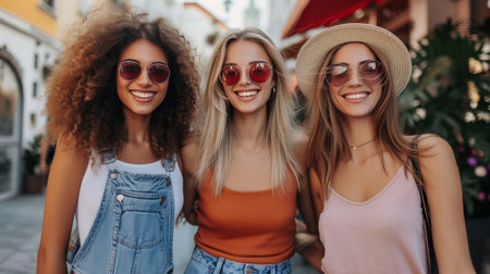 Foto de Three female best friends having fun together walking in street coffee shop. - Imagen libre de derechos