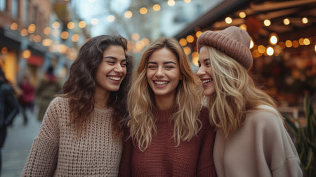 Three female best friends having fun together walking in street coffee shop.の素材