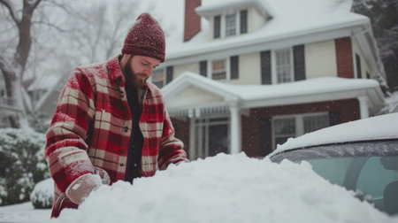 Young handsome man clearing snow from his car next to his classic American home.の素材