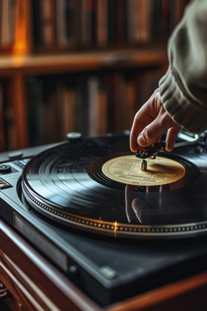 The gramophone plays a vinyl record.の素材