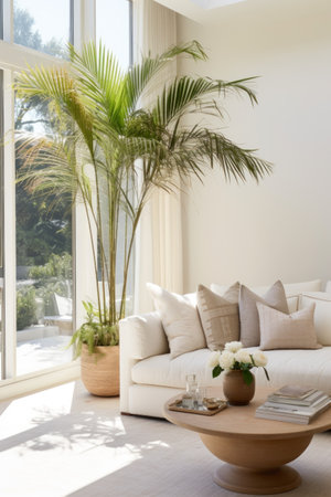 A bright and airy living room featuring a large potted palm tree in the corner.の素材