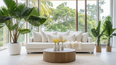 A bright and airy living room featuring a large potted palm tree in the corner.の素材