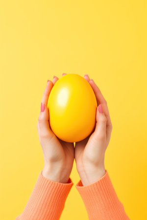 A close-up of a hand holding a colorful Easter egg against a bright yellow background.の素材