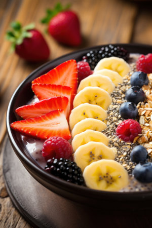 a healthy breakfast bowl filled with colorful fruits and grains.の素材