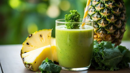 A close-up of a green smoothie in a clear glass with a straw.の素材