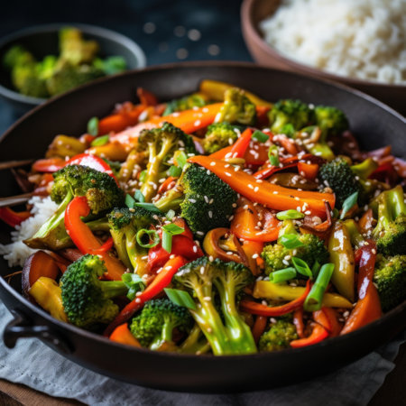 a vegetable stir-fry in a wok, featuring broccoli, carrots, and bell peppers.の素材