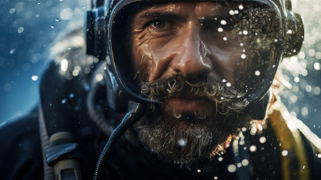 a scuba diver's face as they observe marine life.の素材