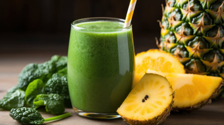 A close-up of a green smoothie in a clear glass with a straw.の素材