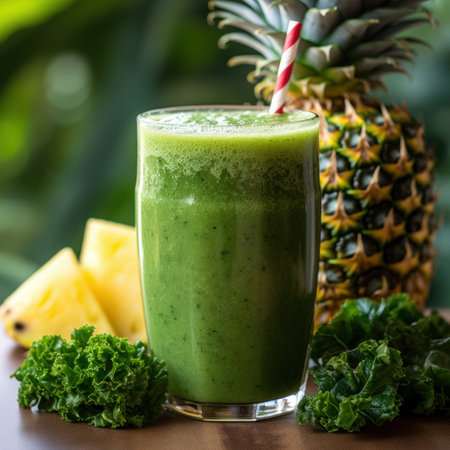 A close-up of a green smoothie in a clear glass with a straw.の素材
