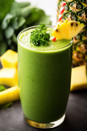 A close-up of a green smoothie in a clear glass with a straw.の素材