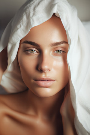 a woman's face with a sheet mask on, showing the benefits of at-home spa treatments.の素材